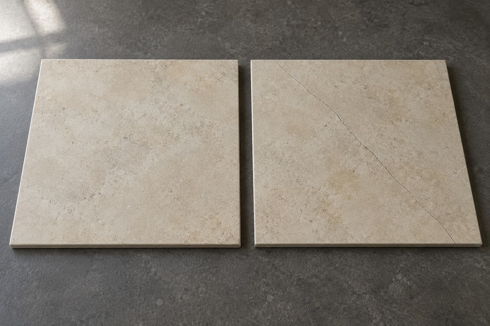 An intact spare tile and a cracked tile of matching size and color on a workbench
